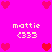 Pixelated pink background with repeated red heart icons and text reading "mattie (333)" in light yellow.
