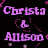 Pixelated text and shapes on black background: 'Christa & Allison' in purple, 'Best Friends!' in cyan, 'Psh, more like SISTERS!' in purple with heart symbols.