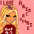 Pixelated cartoon-style icon of a blonde woman with long hair wearing a red top, set against a pink background with scattered light squares and text reading "I LOVE ABERCROMBIE" in pixelated letters.