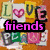 Pixelated collage of text and symbols with pink 'friends' over a background of letters, hearts, and shapes.