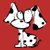 Pixelated white and black cartoon dog with spotted body standing on red background, static single-frame icon.