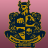Pixelated crest with yellow and dark blue sections on pink background, featuring stylized animal head and abstract shapes.