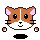 Pixel art cat face with brown and white fur, pink inner ears, black eyes, whiskers, and a smiling mouth on gray background.