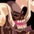 Pixelated static image of a cartoon dog with brown and black fur wearing a pink collar, positioned between two light-colored figures in a close-up composition.
