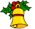 Four identical yellow bells with red bands and green holly leaves, each bell has a small golden clapper inside.