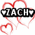 Pixelated red heart outlines surround a black banner with white text 'ZACH' flanked by two small hearts on a white background.
