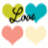 Animated heart-shaped icons with text overlays in yellow, cyan, pink, and cream colors on white background.