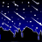 Animated scene with dark silhouettes of buildings against a blue night sky filled with white shooting stars and scattered dots.