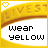Animated contact sheet of a pixel art character in yellow attire with text frames showing "wear yellow" and "live strong" phrases, transitioning to full-body views.