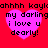 A red background with four identical pink hearts, each containing black text reading 'ahhhh kaylahhhh kayla my darling i love u dearly!' in a pixelated font.