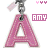 Pink letter A keychain with metallic ring and tag, accompanied by pink text 'AMY' and three small pink hearts above it.