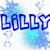 Blue pixelated text 'LILLY' with light blue and white starburst effects on a white background.