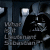 A Star Wars-themed animated sequence featuring Darth Vader and a stormtrooper officer with dialogue text overlays.