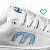 Animated sequence of white sneakers with blue accents, each frame showing a small heart icon above the shoe in different positions.