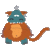 Pixelated cartoon character with teal head, orange body, and long tail on gray background.