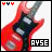 Red electric guitar with black and silver details, white background, four small icons at top left corner.