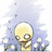 Pixelated character with large eyes and yellow skin stands in a field of white flowers under a light blue sky.