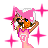 Pixelated character in pink dress with heart emblem, adjusting white headpiece amid pink starbursts; legs and text 'gangsta gurl' visible.