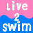 Pixelated text 'Live 2 Swim' appears in white on pink and blue wave-shaped backgrounds, with a gray section visible.