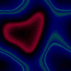 Animated blue and teal wave pattern with a red heart-shaped outline on the left side, transitioning to a solid blue background with no heart shape.
