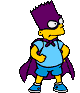 A cartoon character with yellow skin, purple hair, and a blue shirt stands in various poses with a flowing purple cape against a gray background.