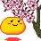 Yellow rounded shape with pink cheeks and black eyes smiles under pink flowers on gray background.