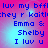 Pixelated blue text on a pink-to-cyan gradient background with four identical showing 'luv my bffl they r kaitlche Emma & Shelby I luv u' in a