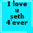 Four identical blue square with white borders display black pixelated text reading "I love u seth 4'ever"; two include small white symbols in the bottom-right corner