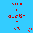 Red text 'sam + austin =' on blue background with three distinct pixel art symbols beneath, each symbol changing across three