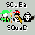 Pixel art image with 'SCuBa' text above three characters and 'SQuaD' text below on light gray background.