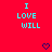 Red background with cyan text "I LOVE WILL" and two purple pixelated hearts at bottom.