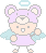 Pixel art contact sheet showing two frames of an animated angelic mouse character in pastel colors with wings and halo, left frame holding a flower, right frame waving.