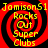 Four identical red and black spiral patterns with yellow text reading "JomisonS1 Rocks Out Super Clubs" arranged in a on a solid red background