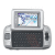 Pixelated image of a silver handheld gaming device with a screen showing abstract blue and white graphics, next to pink text reading 'Everybody Needs A Sidekick'.
