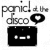Pixelated black-and-white icon featuring text 'panic at the disco' above a speech bubble and a rectangular shape with three white dots.