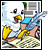 A cartoon eagle with yellow beak and feet holds a blue feather quill over a scroll, with a blue background and partial text on the scroll.