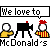 Animated pixel art sequence showing a character with red hair and striped shirt interacting with black camera icons, text bubbles reading "We love to see usmile! Cut! Beer Time!", and repeated "McDonald's" text below.