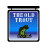 Blue rectangular frame with 'THE OLD TROUT' text above a green fish jumping from water, displayed in four variations showing different pixelation and cropping.