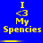 Blue background with yellow text and symbols arranged in two , each containing three identical vertical stacks of 'I', '<3', 'My', 'Spencies'