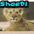 Pixelated image of a light brown lion cub lying down with a black banner displaying cyan text above it.