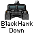 Pixelated military vehicle icon with star on roof, text "BlackHawk Down" below, displayed in