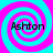 Four identical spiral patterns in cyan and magenta with the text 'Ashton' overlaid in black, arranged in a on a solid cyan background