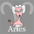Animated contact sheet of a cartoon Aries icon with six frames showing facial expression changes, featuring a character with white curly hair and horns against a gray background.