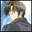 Pixelated anime-style character with brown hair and glasses, wearing a dark jacket against a blue sky background, next to black with white text