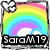 A vertical rainbow graphic with white clouds and a black text banner reading 'SaraM19' on the left, and a pink heart on the right.