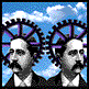 Animated contact sheet showing three frames of a pixel-art icon featuring two identical mustached men with gear heads against a blue sky background, arranged in a 2x2 grid with one empty gray cell.