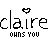 A 4x4 contact sheet of a pixelated animated icon showing repeated text "claire" with heart symbols above and "LOVES YOU" below, cycling through green and black color states across frames.