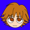 Pixelated character head with brown hair against blue background, showing two expressions: one neutral and one smiling.