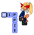 Pixel art character with blonde ponytail and red headband crouches beside blue text blocks spelling 'HIPFIE' on gray background.