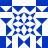 Blue and white pixelated geometric pattern with symmetrical star-like center and triangular corner elements.